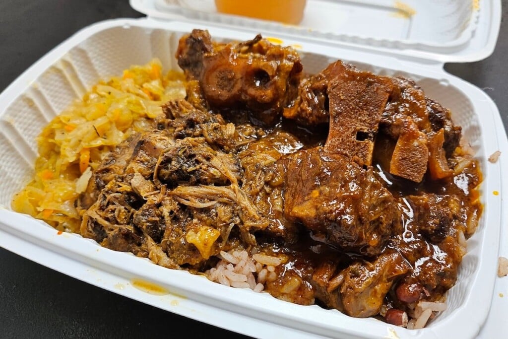 Jerk Oxtail Stew on red bean rice